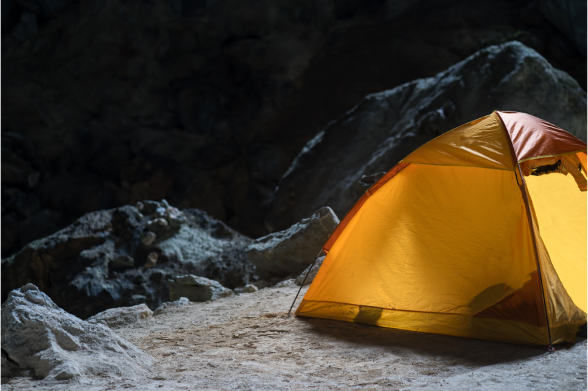 Tents in Hang Son Doong cave, the largest cave in the world by passage volume in Quang Binh province, Vietnam