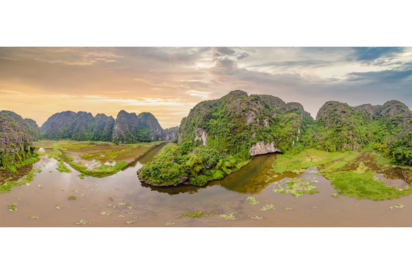 The Majestic Scenery on Ngo Dong River in Tam Coc Bich Dong View from Drone in Ninh Binh Province of Viet Nam