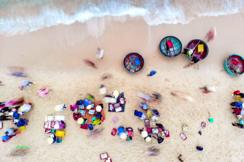 Nice beach with fish market in Quang Binh province central Vietnam